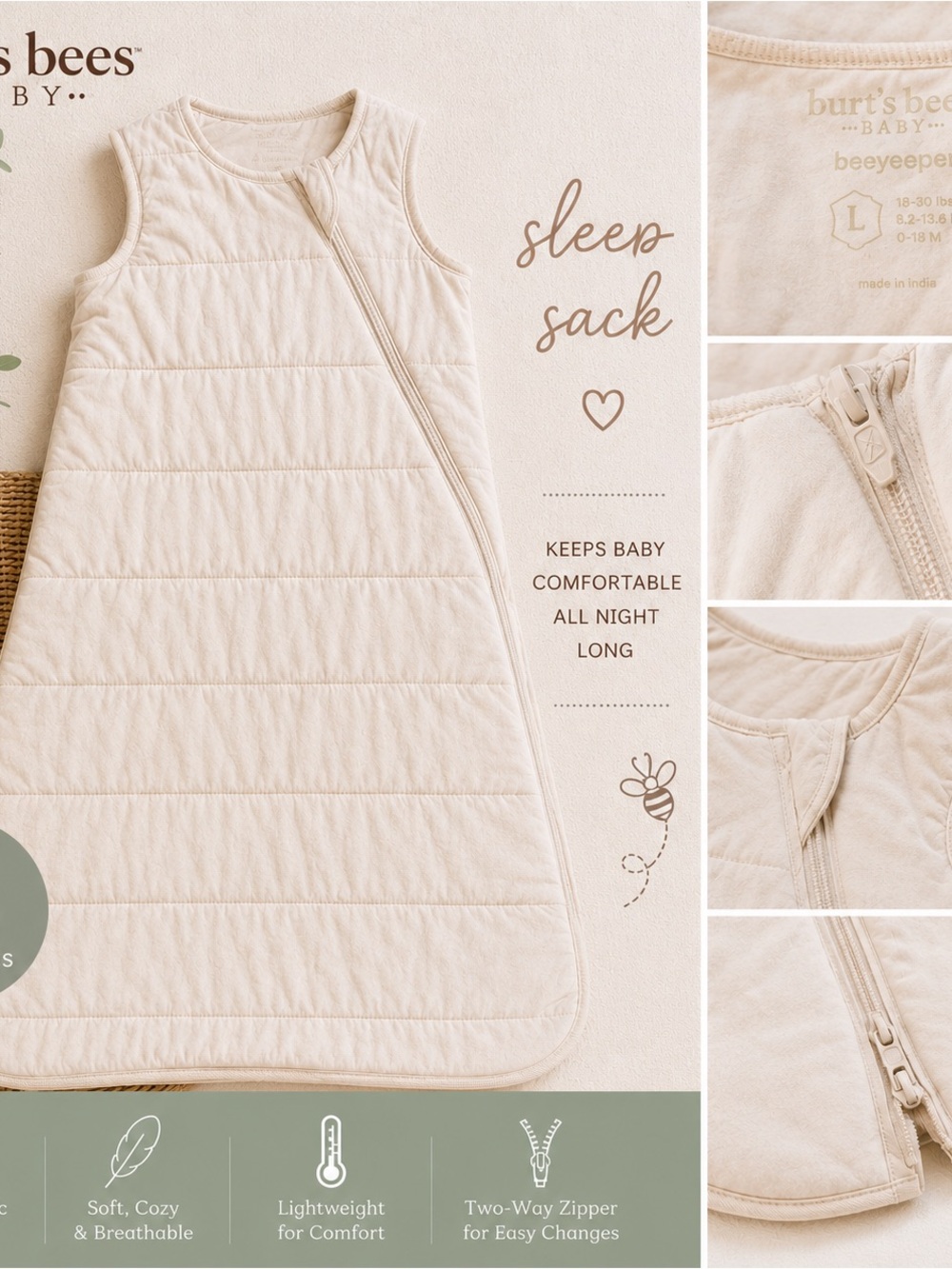 Burt’s Bees Baby Beekeeper Sleep Sack Large 0–18M Organic Cotton Neutral